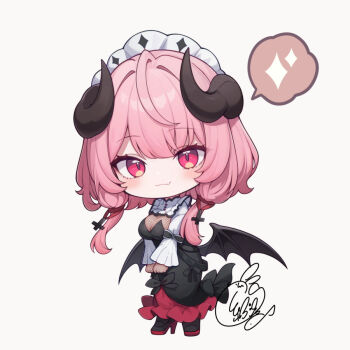 1girl :3 bat_wings beni_shake bernina_(stella_sora) black_dress black_horns black_shoes black_wings blush breasts chibi chibi_only closed_mouth commentary_request dress fang fang_out full_body high_heels horns long_hair long_sleeves looking_at_viewer maid_headdress pink_hair red_eyes shoes signature skin_fang smile solo speech_bubble spoken_sparkle standing stella_sora wings