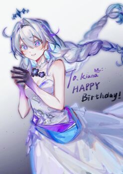 1girl absurdres bare_arms bare_shoulders blue_eyes blue_sash braid choker commentary_request cowboy_shot dress grey_background grey_hair grin hair_intakes happy_birthday highres honkai_(series) honkai_impact_3rd kiana_kaslana long_hair looking_at_viewer own_hands_together purple_sash sash seawave02974 smile solo standing strapless strapless_dress very_long_hair white_choker white_dress