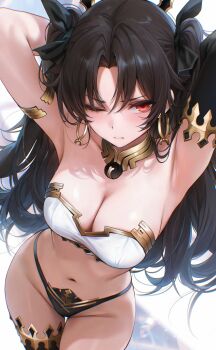 1girl alternate_breast_size_(larger) armlet armor armpits arms_behind_head arms_up bandeau bare_hips bare_shoulders bikini_armor black_hair blush breasts cleavage closed_mouth cowboy_shot curtained_hair detached_sleeves earrings elbow_gloves fate/grand_order fate_(series) foreshortening gloves gold_thighlet groin hair_between_eyes hair_ornament highres hoop_earrings ishtar_(fate) jewelry long_hair looking_at_viewer medium_breasts navel neck_ring one_eye_closed panties re0n red_eyes simple_background single_detached_sleeve single_elbow_glove single_thighhigh skindentation smile solo stomach strapless teeth thigh_gap thighhighs thighlet thighs tiara tube_top two_side_up underwear upper_teeth_only v-shaped_eyebrows white_background white_bandeau white_tube_top