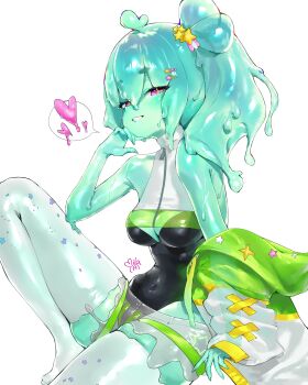 1girl absurdres blue_hair blue_skin breasts cleavage colored_skin dripping green_jacket hair_ornament heart highres indie_virtual_youtuber jacket leotard medium_breasts mila_(milaart12) monster_girl navel open_clothes open_jacket open_mouth piapi_ufo pink_eyes ponytail shorts slime_(substance) slime_girl smile smug star_(symbol) thighhighs thighs virtual_youtuber zipper