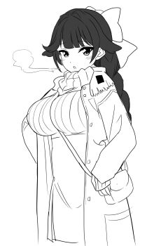 animal_ears bag between_breasts black_hair blunt_bangs bow braid breasts breath coat copyright_request dog_ears greyscale hair_bow hair_intakes handbag highres ibuki_(tulta_icon) lineart looking_at_viewer monochrome open_clothes open_coat open_mouth scarf sidelocks strap_between_breasts sweater takao_(azur_lane)