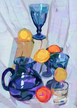 absurdres commentary cup food fruit highres jar lemon no_humans orange_(fruit) original painterly still_life symbol-only_commentary twulfs