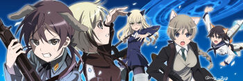 5girls animal_ears black_jacket black_pantyhose blonde_hair blue_eyes blue_jacket blue_sailor_collar blue_sky braid breasts brown_eyes brown_hair cat_ears cat_girl cat_tail dog_ears dog_girl erica_hartmann flying gertrud_barkhorn glasses green_jacket green_necktie gun holding holding_gun holding_weapon jacket large_breasts long_hair looking_at_viewer looking_to_the_side lynette_bishop medium_breasts military military_uniform miyako_yoshika multiple_girls naguramu neckerchief necktie open_mouth pantyhose perrine_h._clostermann sailor_collar school_uniform shirt short_hair single_braid sky strike_witches striker_unit sweater_vest tail teeth weapon weapon_request white_shirt world_witches_series yellow_eyes