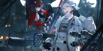 2boys absurdres ahoge aizendai alternate_costume animal_ears aotsuki_eito belt black_gloves black_hair blue_eyes chinese_commentary closed_mouth commentary_request fake_animal_ears gloves grey_eyes grey_hair hair_between_eyes highres jacket lapels long_sleeves male_focus multicolored_hair multiple_boys open_clothes open_jacket open_mouth outdoors red_hair sentry short_hair smile streaked_hair sumino_takumi the_hundred_line_-last_defense_academy- tsurime two-tone_hair watermark white_belt white_jacket