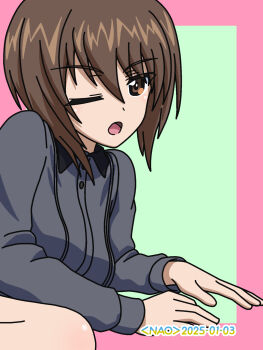 1girl ;o artist_name breasts brown_eyes brown_hair dated dress_shirt girls_und_panzer green_background grey_shirt highres kuromorimine_school_uniform large_breasts long_sleeves looking_at_viewer naotosi nishizumi_maho one_eye_closed open_mouth pink_background school_uniform shirt short_hair solo two-tone_background wing_collar