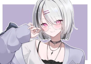 Rule 34 | 1girl, absurdres, asumi sena, asumi sena (5th costume), black choker, black hair, blush, border, choker, closed mouth, commentary, fang, glasses, grey hair, grey shirt, hair ornament, hairclip, hashtag-only commentary, highres, jacket, jewelry, looking at viewer, medium hair, multicolored hair, necklace, outline, outside border, pink eyes, purple background, shirt, skin fang, solo, streaked hair, t-shirt, two-tone hair, upper body, uri200illust, virtual youtuber, vspo!, white border, white outline