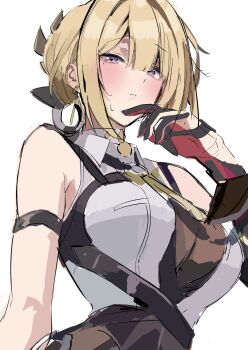 1girl absurdres arm_strap bare_shoulders black_gloves black_pants blonde_hair blush breasts chest_harness closed_mouth evelyn_chevalier gloves hand_up harness high-waist_pants highres large_breasts latex_pants looking_at_viewer mole mole_under_eye nakano_kura necktie pants purple_eyes ring_hair_ornament shirt simple_background sketch sleeveless sleeveless_shirt solo sweatdrop upper_body white_background white_shirt yellow_necktie zenless_zone_zero