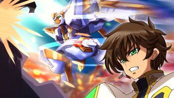 1boy armor brown_hair clenched_teeth code_geass commentary_request green_eyes lancelot_(code_geass) mecha robot shimazu_kaname teeth upper_body white_armor