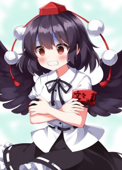 1girl armband black_hair black_ribbon black_skirt black_wings blue_background blush brown_eyes clenched_teeth cold collared_shirt commentary_request completion_time cowboy_shot feathered_wings frilled_skirt frills hat highres neck_ribbon pom_pom_(clothes) red_hat ribbon ruu_(tksymkw) shameimaru_aya shirt short_hair short_sleeves skirt solo teeth tokin_hat touhou white_shirt wings
