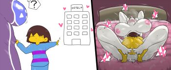 1boy 1girl bed bedroom before_and_after bouncing_breasts breasts dress enigi09 frisk_(undertale) furry furry_female furry_with_non-furry goat_girl heart highres hotel hotel_room interspecies large_breasts mating_press mature_female monster monster_girl nipple_stimulation nipple_tweak nipples nude rough_sex sex shota shotadom size_difference spoken_heart tongue tongue_out toriel undertale utdr_(toby_fox) white_fur