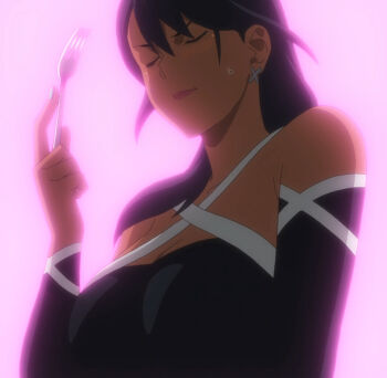 Rule 34 | 1girl, anime screenshot, black hair, blush, closed eyes, closed mouth, cross, cross earrings, dark-skinned female, dark skin, decora (shokugeki no souma), detached sleeves, earrings, female focus, fork, highres, holding, holding fork, jewelry, lips, medium hair, pink background, portrait, shokugeki no souma, solo, solo focus, stitched, sweatdrop, third-party edit