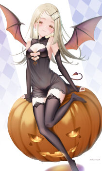1girl akiyomi alternate_costume bat_wings black_dress black_gloves black_panties black_thighhighs blonde_hair blush breasts bridal_gauntlets colored_eyelashes demon_tail dress earrings elbow_gloves flipped_hair gakuen_idolmaster gloves gradient_hair grey_hair halloween_costume highres idolmaster jewelry long_hair looking_at_viewer multicolored_hair orange_eyes panties pumpkin see-through_clothes see-through_dress shinosawa_hiro sleeveless sleeveless_dress small_breasts smile solo tail thighhighs twitter_username underwear very_long_hair wings