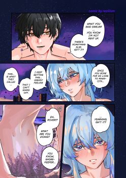 1boy 1girl absurdres black_hair blue_nails blush colored_eyelashes commentary english_commentary english_text hair_between_eyes highres hug looking_at_viewer male_rover_(wuthering_waves) nail_polish nude parted_lips purple_eyes purple_sky rezilism rover_(wuthering_waves) shorekeeper_(wuthering_waves) sky wuthering_waves