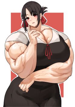 Rule 34 | 1girl, absurdres, biceps, black hair, blush, highres, kaguya-sama wa kokurasetai ~tensai-tachi no renai zunousen~, musctonk, muscular, muscular female, red eyes, red ribbon, ribbon, school uniform, shinomiya kaguya, short hair, shuuchiin academy school uniform, simple background