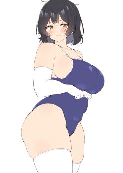1girl black_hair blush breasts closed_mouth commentary_request covered_navel curvy dated_commentary elbow_gloves fang from_side gloves groin highres large_breasts looking_at_viewer original shinonon_(iso_shino) short_hair simple_background skin_fang skindentation solo thighhighs white_background white_gloves white_thighhighs yellow_eyes