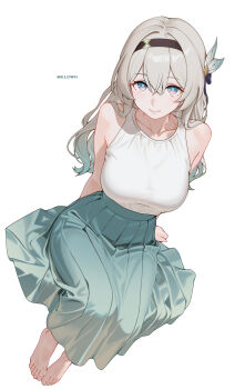 1girl absurdres adapted_costume alternate_costume aqua_pupils arms_behind_back artist_name barefoot black_hairband blush breasts casual closed_mouth collarbone contemporary firefly_(honkai:_star_rail) full_body grey_hair hair_between_eyes hair_intakes hair_ornament hairband highres honkai:_star_rail honkai_(series) large_breasts light_smile long_hair looking_at_viewer melowh multicolored_hair pleated_skirt purple_eyes simple_background skirt sleeveless smile solo toes white_background