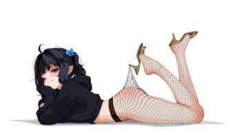 1girl ahoge ass black_hair black_nails blue_bow blush body_blush bow chin_reast fang fishnet_pantyhose fishnets gold_shoes hair_bow hair_ornament heart heart-shaped_pupils high_heels highres indie_virtual_youtuber lace_pantyhose_hooked_on_heel_(meme) legs long_sleeves looking_at_viewer lying meme midriff mint_fantome on_stomach pantyhose pointy_ears red_eyes sansha_art shoes sidelocks simple_background solo sweater symbol-shaped_pupils thighs toes two_side_up virtual_youtuber white_background x_hair_ornament