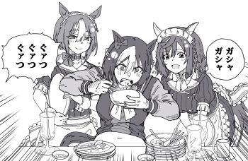 3girls alternate_costume animal_ears bent_over blush bowl breasts buena_vista_(umamusume) cesario_(umamusume) chopsticks commentary_request eating fat food hair_between_eyes hair_ornament highres holding horse_ears medium_breasts multiple_girls plate school_uniform smile special_week_(umamusume) taguchi_kenji_(omaep) tracen_school_uniform translation_request umamusume white_background