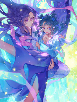 Rule 34 | 1boy, 1girl, artist name, blue eyes, blue flower, carrying, chinese clothes, commentary request, copyright name, crying, crying with eyes open, fingernails, flower, green hair, hair flower, hair ornament, highres, jinshi (kusuriya no hitorigoto), kusuriya no hitorigoto, long hair, looking at another, looking to the side, maomao (kusuriya no hitorigoto), open mouth, orange sekaii, princess carry, purple eyes, purple hair, sweatdrop, tears