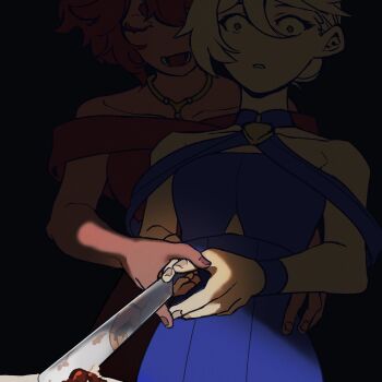 Rule 34 | 2girls, asymmetrical hair, bare shoulders, behind another, black background, blue dress, closed eyes, collarbone, dark-skinned female, dark skin, dress, evening gown, guiding hand, gundam, gundam aerial slap (meme), gundam suisei no majo, hair up, halter dress, halterneck, hand on another's waist, highres, holding, holding knife, horrified, knife, lelioz, meme, miorine rembran, multiple girls, off-shoulder dress, off shoulder, open mouth, parted lips, red dress, red hair, reflection, standing, suletta mercury, upper body, wavy hair, white hair, wide-eyed