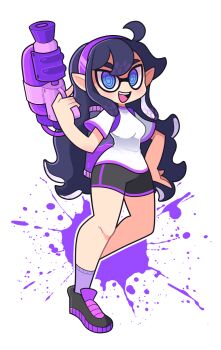 1girl @_@ ahoge ankle_socks bike_shorts black_hair black_shorts blunt_bangs blush breasts cosplay fang fusion gro-ggy hairband hex_maniac_(pokemon) hex_maniac_(pokemon_xy) highres holding holding_weapon ink_tank_(splatoon) inkling inkling_girl inkling_player_character inkling_player_character_(cosplay) long_hair looking_at_viewer messy_hair nintendo open_mouth paint paint_splatter pointy_ears pokemon pokemon_xy purple_eyes purple_hair purple_hairband shirt shoes shorts smile sneakers socks solo splatoon_(series) splatoon_1 splattershot_(splatoon) squid standing t-shirt tentacle_hair weapon white_background white_shirt