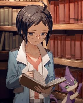 1boy ahoge black_hair blue_eyes blue_jacket book bookshelf cat cheren_(pokemon) closed_mouth collarbone gen_5_pokemon glasses green_eyes highres holding holding_book jacket looking_down mint_pk nintendo open_clothes open_jacket pokemon pokemon_(creature) pokemon_bw purrloin reading shirt white_shirt