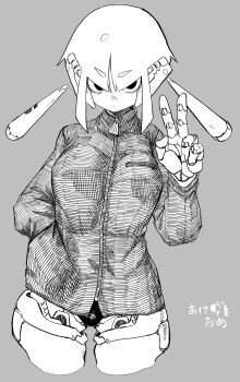 1girl blunt_bangs bottomless breasts grey_background happy_new_year highres jacket large_breasts mechanical_hands new_year original robot_girl sidelocks simple_background thick_thighs thighs translated turtleneck turtleneck_jacket twintails v yunimaru