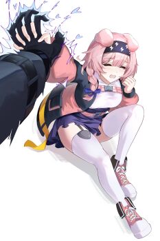 1girl 1other animal_ears arknights black_gloves black_hairband black_jacket blue_bow boots bow braid breasts cat_ears cat_girl cat_tail closed_eyes doctor_(arknights) electricity full_body garter_straps gloves goldenglow_(arknights) hair_bow hairband highres holding_hands interlocked_fingers jacket jambaeng large_breasts long_hair long_sleeves miniskirt multicolored_jacket open_clothes open_jacket open_mouth pink_boots pink_hair pink_jacket pov pov_hands puffy_long_sleeves puffy_sleeves purple_skirt shirt side_braid simple_background skirt smear_frame solo_focus t-shirt tail thighhighs two-tone_jacket white_background white_shirt white_thighhighs zettai_ryouiki