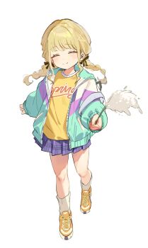 Rule 34 | 1girl, ^ ^, absurdres, black ribbon, blonde hair, bongnom, braid, closed eyes, commentary request, fujita kotone, full body, gakuen idolmaster, green jacket, hair ribbon, highres, idolmaster, jacket, long sleeves, orange shoes, plaid clothes, plaid skirt, pleated skirt, purple skirt, ribbon, shirt, shoes, simple background, skirt, smile, solo, standing, twin braids, white background, yellow shirt