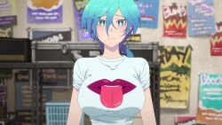 ahoge animated anime_screenshot bandaged_fingers bandages black_shirt blonde_hair blue_eyes blue_hair blush bouncing_breasts breast_focus breasts closed_eyes green_eyes highres imminent_breast_grab isemi_tina large_breasts long_hair looking_at_breasts medium_hair pink_hair rock_wa_lady_no_tashinami_deshite shirt sound suzunomiya_lilisa tagme twintails undersized_clothes very_long_hair video white_shirt yellow_eyes