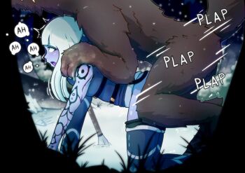 1boy 1girl all_fours arm_tattoo ass blue_hair blush breasts clothed_female_nude_male clothed_sex colored_skin dark-skinned_female dark_skin doggystyle e1alpha forest furry furry_male grass green_eyes hetero highres interracial kara_(e1alpha) long_hair long_sleeves moaning monster nature night nude open_mouth original plap polearm purple_skin sex sex_from_behind signature small_breasts snow snowing spear speech_bubble strap tail tattoo thighhighs thought_bubble trembling upturned_eyes weapon wolf wolf_tail