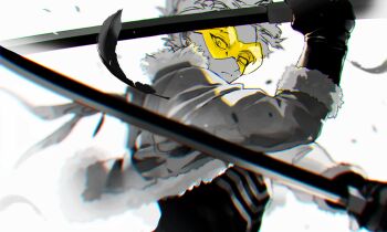 1boy boku_no_hero_academia chromatic_aberration coat dual_wielding earrings feathers fur-trimmed_coat fur_trim gloves greyscale hawks_(boku_no_hero_academia) holding holding_sword holding_weapon horocca jewelry long_sleeves looking_at_viewer male_focus monochrome shirt short_hair simple_background solo sword tinted_eyewear upper_body weapon white_background yellow-tinted_eyewear
