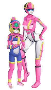 2girls :d armor artist_request blonde_hair blue_eyes bodysuit boots bow brown_hair closed_mouth cosplay frown girlfriend_(kari) gloves gym hair_bow helmet highres lens_eye multiple_girls open_mouth pink_armor pink_boots pink_gloves purple_bodysuit red_bow red_eyes ryugasaki_juria smile standing tagme thigh_boots white_bodysuit yuuki_nae