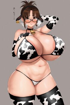 1girl akizuki_ritsuko alternate_breast_size_(larger) animal_ear_hairband animal_ears animal_print areola_slip arm_behind_head bell bikini black_choker blush breasts brown_eyes brown_hair choker cow_ear_hairband cow_ears cow_print cow_print_bikini cow_print_gloves cow_print_thighhighs cowbell cowboy_shot ear_tag elbow_gloves fake_animal_ears gigantic_breasts glasses gloves grey_background hairband highres idolmaster idolmaster_(classic) kumako_(kumakonoh) lips looking_at_viewer navel neck_bell plump print_bikini print_gloves print_thighhighs short_hair simple_background skindentation solo standing swimsuit thighhighs