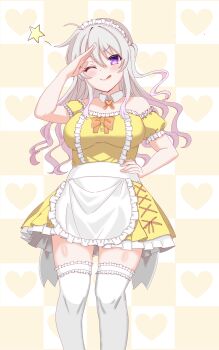 1girl 9-nine- ;q absurdres ahoge alternate_costume alternate_hairstyle apron bare_shoulders blush bow breasts center_frills checkered_background closed_mouth commentary detached_collar detached_sleeves dress dress_bow enmaided feet_out_of_frame fire_kotarou floating_hair frilled_apron frilled_dress frilled_sleeves frilled_thighhighs frills grey_hair hair_between_eyes hand_on_own_hip hand_up heart heart_background highres large_breasts long_hair looking_at_viewer maid maid_headdress neck_ribbon niimi_sora one_eye_closed orange_bow orange_ribbon puffy_short_sleeves puffy_sleeves purple_eyes ribbon salute short_dress short_sleeves sidelocks simple_background smile smug solo split_mouth standing star_(symbol) strapless strapless_dress thighhighs thighs tongue tongue_out v-shaped_eyebrows waist_apron wavy_hair white_apron white_thighhighs yellow_background yellow_dress zettai_ryouiki