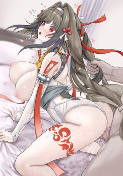 1boy 1girl absurdres all_fours ass bed bedroom blurry blurry_background blush bouncing_breasts breasts breasts_out brown_hair brown_tail commentary_request daram_(shappydude) doggystyle feet_out_of_frame female_ejaculation from_side grabbing_another&#039;s_hair hair_ornament hair_ribbon hairband heart hetero highres holding_another&#039;s_hair indoors korean_commentary large_breasts leg_tattoo leotard leotard_pull long_hair nipples on_bed open_mouth penis pussy_juice red_eyes red_ribbon ribbon rough_sex sex sex_from_behind solo_focus sweat tattoo thighs uncensored white_hairband white_leotard ye_shunguang zenless_zone_zero