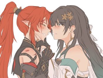 2girls baizhi_(wuthering_waves) bare_shoulders black_gloves black_hair blood blood_on_arm blood_on_face blue_eyes blush closed_eyes detached_sleeves dress earrings fingerless_gloves flower from_side gloves hair_flower hair_ornament highres jewelry long_hair multiple_girls parted_lips pointy_ears ponytail profile red_hair scar scar_on_arm simple_background smile super_blackjack upper_body white_background white_dress wuthering_waves yinlin_(wuthering_waves) yurenn yuri