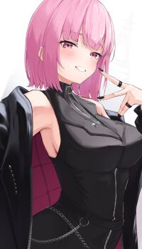 1girl black_jacket black_nails black_shirt blush closed_mouth highres hololive hololive_english ilie_ilie jacket looking_at_viewer mori_calliope mori_calliope_(the_story_thus_far) nail_polish official_alternate_costume official_alternate_hair_length official_alternate_hairstyle pink_hair red_eyes shirt short_hair sleeveless sleeveless_shirt smile solo virtual_youtuber white_background