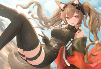 Rule 34 | 1girl, angelina (arknights), animal ear fluff, animal ears, arknights, arknights: endfield, bare shoulders, black dress, black gloves, black thighhighs, blush, brown hair, chinese commentary, commentary request, dress, fox ears, fox girl, fox tail, gilberta (arknights), gloves, highres, jacket, long hair, looking at viewer, open clothes, open jacket, open mouth, red eyes, red jacket, runyo (yale12312), short dress, sleeveless, sleeveless dress, solo, tail, thighhighs, twintails, v