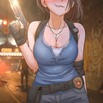 Rule 34 | 1girl, belt, black gloves, blue shirt, blush, breasts, brown hair, cleavage, elbow pads, fingerless gloves, gloves, gun, handgun, highres, holding, holding gun, holding weapon, jewelry, jill valentine, necklace, parted lips, police badge, resident evil, resident evil 3: nemesis, resident evil 3 (remake), screenshot background, shirt, single elbow pad, smirk, sweat, wacum, weapon
