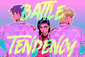 1girl 2boys arm_on_another&#039;s_shoulder artist_name bad_id bad_twitter_id battle_tendency blonde_hair caesar_anthonio_zeppeli cigarette facial_mark gradient_background green_eyes hand_on_another&#039;s_shoulder hand_on_own_hip jojo_no_kimyou_na_bouken joseph_joestar joseph_joestar_(young) lipstick lisa_lisa makeup marion-ville multiple_boys nail_polish outline purple_hair purple_nails yellow_lips