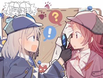 Rule 34 | !, 2girls, :d, ?, blonde hair, blue coat, blue eyes, blue hat, bulletin board, coat, colored speech bubble, commentary, deerstalker, flipped hair, gloves, hand to forehead, hat, hat ribbon, highres, holding, holding magnifying glass, idolmaster, idolmaster shiny colors, komiya kaho, lapels, long hair, looking at another, magnifying glass, multiple girls, neck ribbon, nimingduz, official alternate costume, open mouth, profile, pushpin, red coat, red hair, red hat, ribbon, serizawa asahi, short hair, smile, speech bubble, spoken exclamation mark, spoken question mark, untranslatable commentary, white gloves