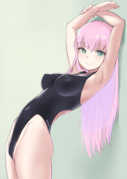 1girl arched_back armpits arms_up artist_name backless_swimsuit black_one-piece_swimsuit bosshi breasts commentary_request competition_swimsuit covered_erect_nipples covered_navel cowboy_shot green_eyes groin highleg highleg_one-piece_swimsuit hip_bones impossible_clothes impossible_swimsuit leaning_back medium_breasts one-piece_swimsuit original pink_eyes solo sway_back swimsuit