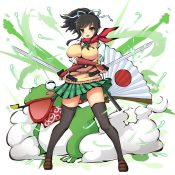 1girl armor asuka_(senran_kagura) black_hair black_thighhighs blush breasts brown_eyes brown_shoes crossover dual_wielding folding_fan frog green_necktie green_skirt hair_ribbon hand_fan highres himegami_kagura holding holding_sword holding_weapon japanese_armor katana kote large_breasts loafers long_hair long_sidelocks looking_at_viewer miniskirt necktie official_art open_mouth pleated_skirt ponytail red_scarf ribbon scarf school_uniform second-party_source senran_kagura shirt shoes short_ponytail short_sleeves sidelocks simple_background skirt smile smoke solo standing sweater_vest sword thighhighs thighs v-shaped_eyebrows weapon white_background white_ribbon white_shirt zettai_ryouiki