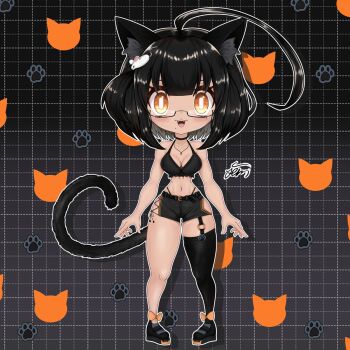 ahoge animal_ears animal_hands birthmark black_cat black_hair black_shorts bow cat cat_ears cat_girl cat_paws cat_tail checkered_background chibi crop_top dark_skin glasses highres huge_ahoge indie_virtual_youtuber jem.designs nek0roe orange_eyes reference_sheet shorts single_thighhigh tail tank_top thighhighs virtual_youtuber