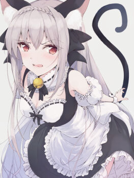 1girl alternate_costume animal_ear_fluff animal_ears apron arm_behind_back bare_shoulders bell black_bow black_dress black_ribbon blush bow braid breasts cat_ears cat_tail choker cleavage coffee1223 colored_eyelashes commentary cowboy_shot crown_braid detached_collar detached_sleeves dress embarrassed enmaided eyes_visible_through_hair frilled_apron frilled_choker frilled_dress frilled_sleeves frills frown grey_background grey_hair hair_between_eyes hair_bow hair_intakes highres jingle_bell leaning_forward long_hair looking_at_viewer maid maid_apron neck_bell neck_ribbon nose_blush open_mouth puffy_short_sleeves puffy_sleeves red_eyes ribbon ribbon-trimmed_choker sakurakouji_luna short_dress short_sleeves simple_background sleeveless sleeveless_dress small_breasts solo standing straight_hair tail tail_raised tears tsuki_ni_yorisou_otome_no_sahou tsurime v-shaped_eyebrows very_long_hair white_apron white_wrist_cuffs wrist_cuffs