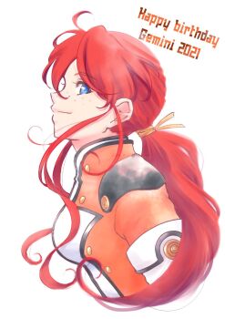 Rule 34 | blue eyes, character name, freckles, from side, gemini sunrise, hair tie, happy birthday, highres, jacket, looking at viewer, military uniform, official alternate costume, orange jacket, ponytail, red hair, sakura taisen, sakura taisen v, sidelocks, smile, somakusha