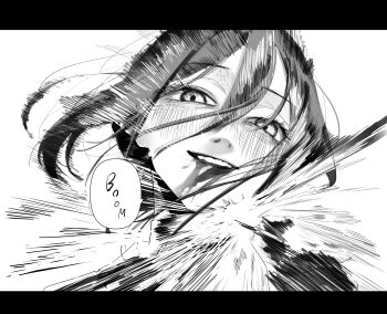 1girl blood blood_from_mouth blood_on_face blush chainsaw_man close-up commentary_request english_text greyscale hair_between_eyes highres imminent_explosion looking_at_viewer monochrome motsu_(onli_neet) reze_(chainsaw_man) solo speech_bubble