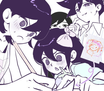 Rule 34 | 1girl, 3boys, arrow (symbol), aubrey (headspace) (omori), aubrey (omori), bare arms, bare shoulders, basil (headspace) (omori), basil (omori), black eyes, black hair, blue shirt, blush, bow, bright pupils, brothers, buttons, checkered clothes, checkered shirt, chestnut mouth, closed mouth, collared shirt, colored skin, commentary request, double-parted bangs, drawing (action), drawing (object), empty eyes, finger to cheek, frown, grin, hair behind ear, hair between eyes, hair bow, hero (headspace) (omori), hero (omori), highres, holding, holding pencil, holding stuffed toy, kel (headspace) (omori), kel (omori), korean commentary, long hair, looking at another, looking down, mr. plantegg (omori), multiple boys, no pupils, omori, omori (omori), paper, parted lips, pencil, pink bow, pinstripe pattern, pinstripe shirt, ppingppung, purple eyes, purple hair, shirt, short hair, siblings, sidelocks, simple background, sleeveless, sleeveless shirt, smile, straight hair, stuffed animal, stuffed eggplant, stuffed toy, sweatdrop, tareme, tongue, upper body, v-shaped eyebrows, very short hair, white background, white pupils, white shirt, white skin