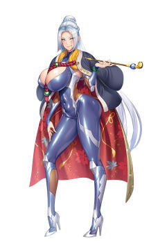 Rule 34 | 1girl, ass, bent over, blowing smoke, breasts, cleavage cutout, clothing cutout, full body, grandma, grandma, green eyes, highres, holding, holding smoking pipe, huge ass, huge breasts, inage natsu, jacket, jacket on shoulders, long hair, mature female, official art, old, old woman, second-party source, shindol, smoke, smoking pipe, solo, taimanin (series), taimanin rpgx, taimanin suit, white background, white hair